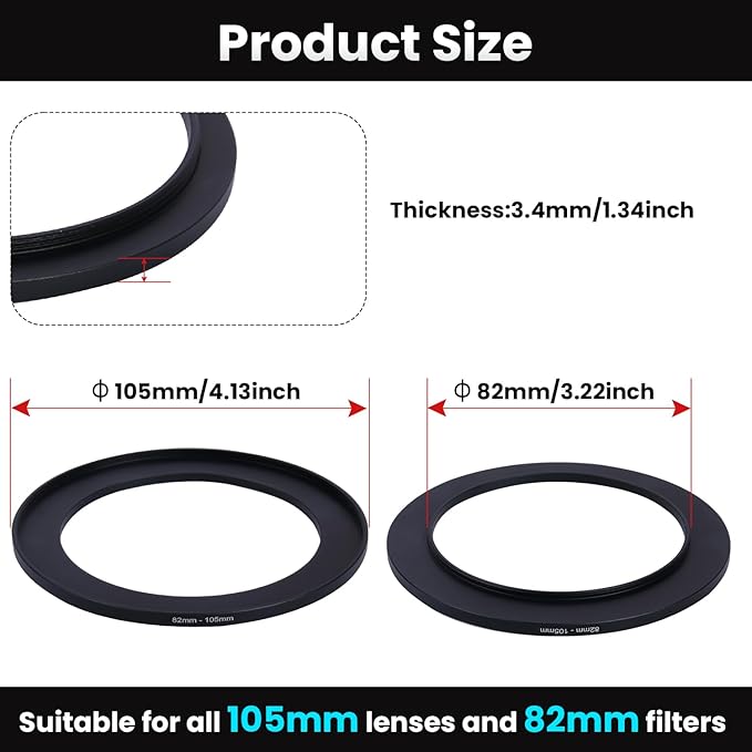 Metal Step Up Ring Filter Adapter - 82mm to 105mm - Metal Ring Step Up Rings Adapter Filter Compatible with All 105mm UV, CPL, ND, Lens Hood, Threaded Lens ect