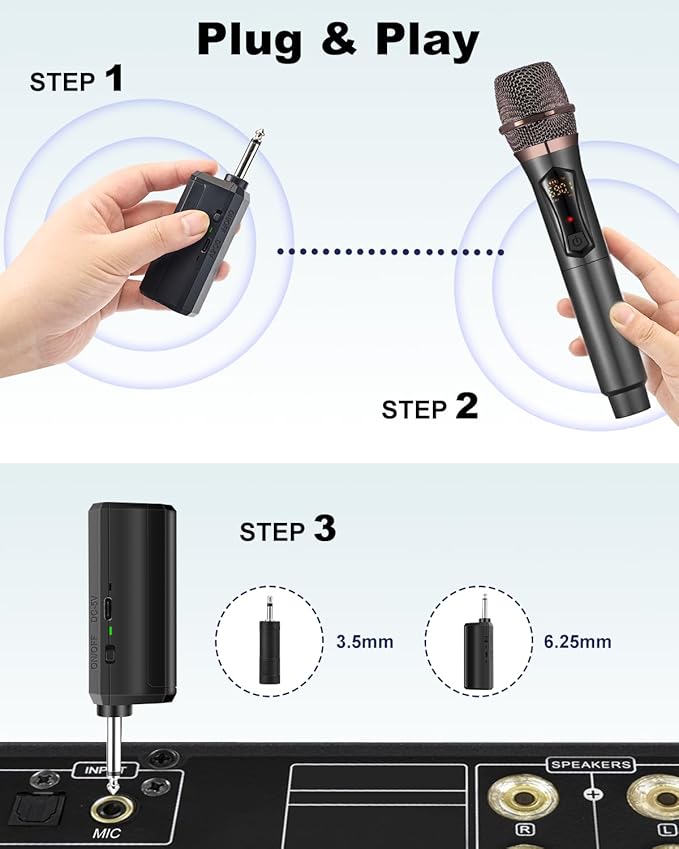 ALPOWL Wireless Microphones, Metal Dynamic Microphone System with Rechargeable Receiver, 50H Duration, 200ft Range, Microphone for Karaoke Singing, Wedding, DJ, Party, Speech, Church