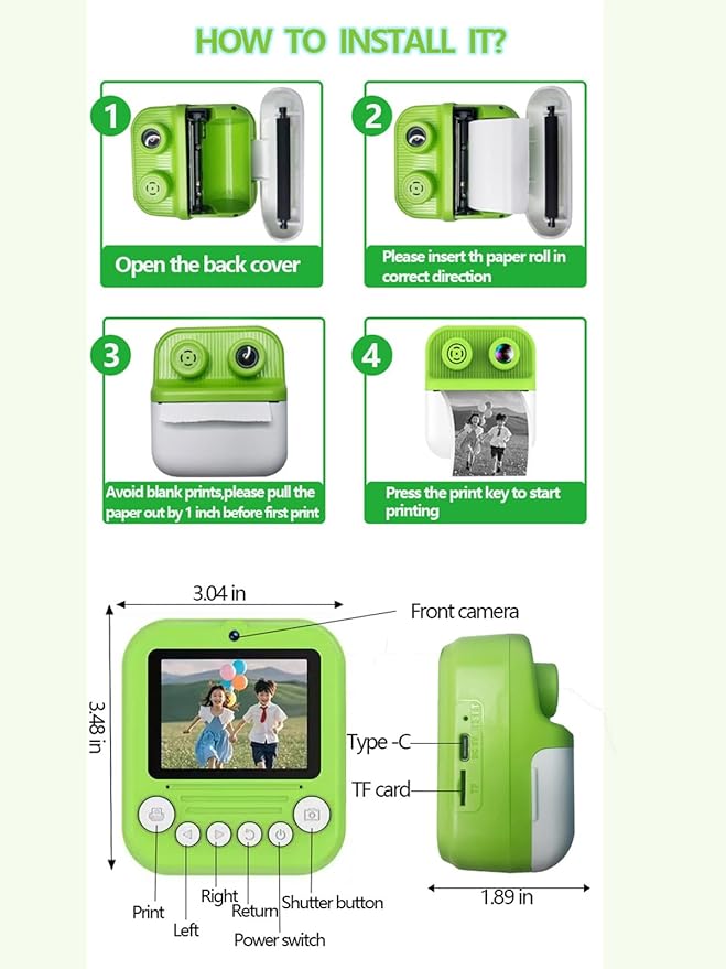 Dual-Lens Instant Print Camera for Kids, 48MP Thermal Instant Printing Camera with 2.4 Inch IPS Screen for Toddler, Boys Girls Christmas Birthday Gifts Photo Printer with 64GB SD Card (Green)