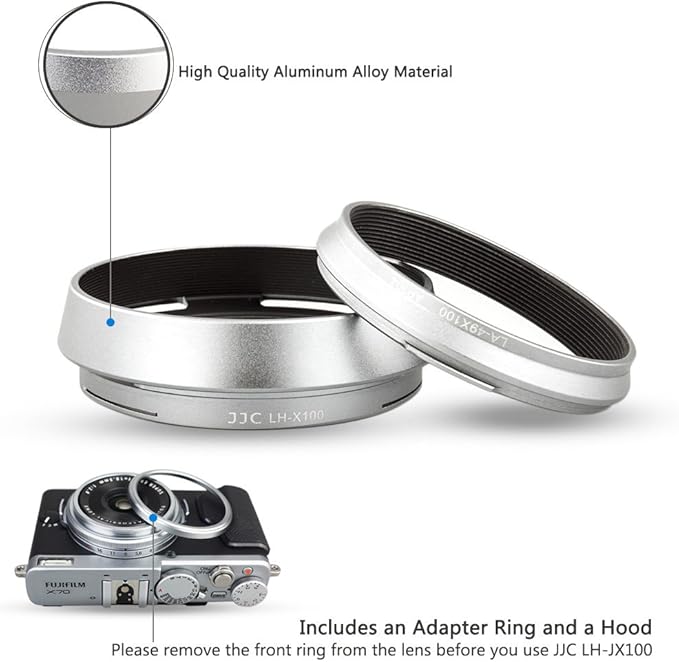 JJC LH-X100 Metal Lens Hood Sun Shade with 49mm Filter Adapter Ring for Fuji Fujifilm X100VI X100V X100F X100T X100S X100 Digital Camera(Not Fits Fujifilm Original Lens Cap), Silver Color