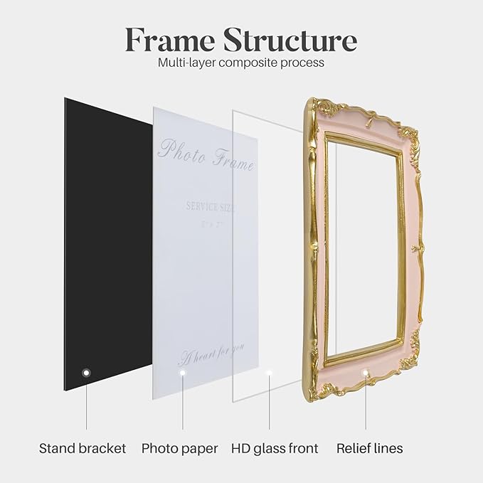 5x7 Pink Picture Frame, Vintage Pink and Gold 5 by 7 Antique Photo Frames, Ornate Textured Hand-Crafted Resin Frame with Glass Front for Tabletop Display or Wall Hanging, Retro Design Home Decor