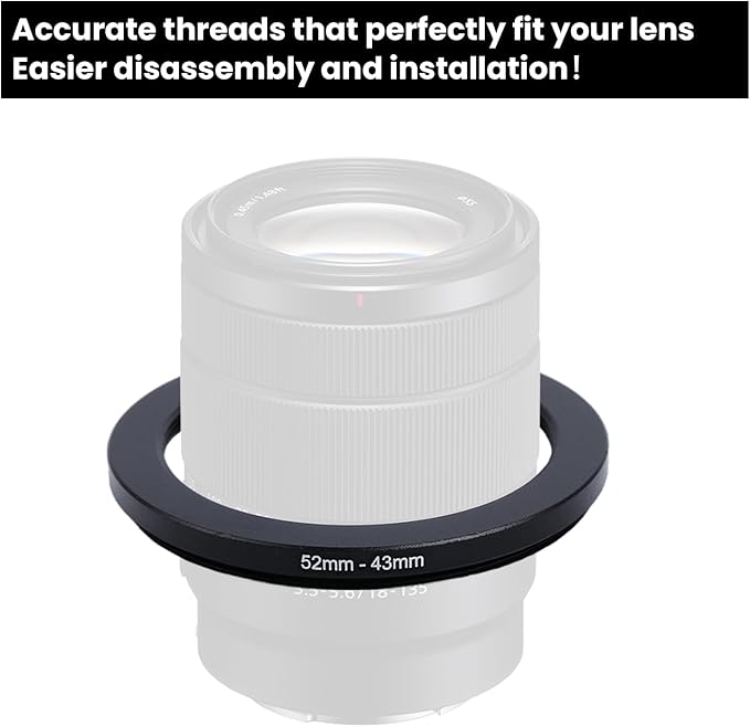 Metal Step Down Ring Filter Adapter - 52mm to 43mm - Metal Ring Step Down Rings Adapter Filter Compatible with All 43mm UV, CPL, ND, Lens Hood, Threaded Lens ect