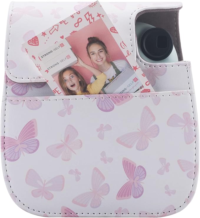 Frankmate Protective Case Fit for Fujifilm Instax Mini 12 11 9 8 Camera, PU Leather Camera Bag with Pocket and Adjustable Shoulder Strap (White Pink Butterfly)