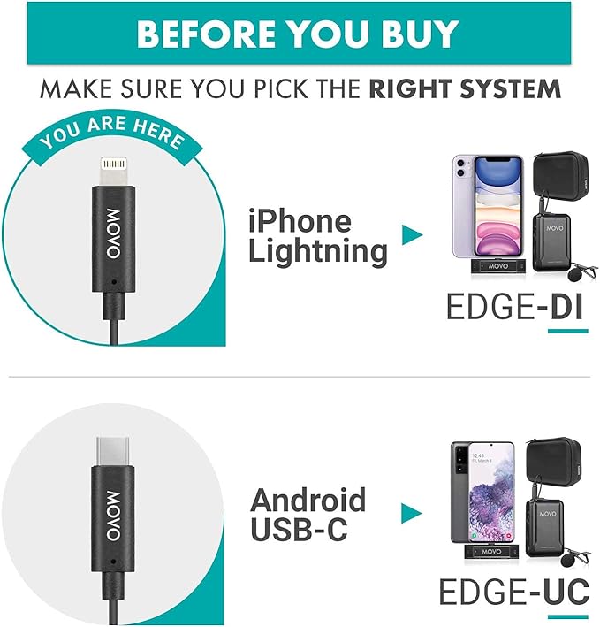 Movo Edge-DI Wireless Lavalier for iPhone - Perfect Compact Lav Mic for Smartphone Gimbal Stabilizer - Great for Vlogging, Filming, Teachers, and More - Compatible with DJI Osmo OM 4, 5