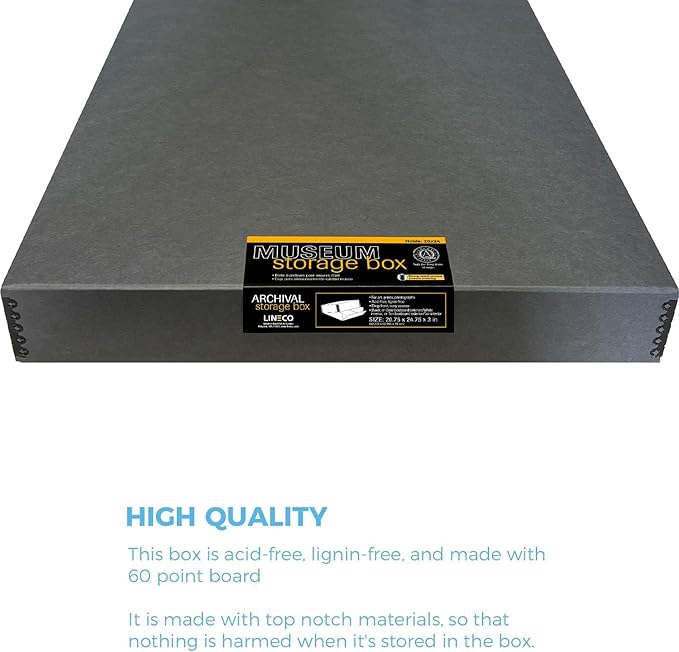 Lineco Museum Archival Storage Box, 20.75x24.75x3 in. Drop Front Design. Acid-Free with Metal Edge. Organize Photos, Pictures, Prints, Documents, Crafts, DIY. Gray, 1 Pack