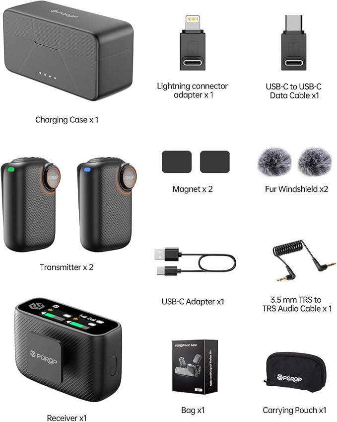 PQRQP S20 Mic (2 TX + 1 RX + Charging Case), Mini Microphone for iPhone/Android/Camera, 48kHz/24-bit High Audio, AI Noise Cancelling, 48h Use, 820ft Range, Wireless Microphones for Vlog, Streaming