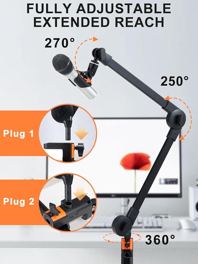 Microphone Boom Arm Mic Stand, Adjustable Suspension Boom Scissor Arm Stand with Mic Clip Holder and Heavy Duty Clamp for Streaming Podcast Recording Studio