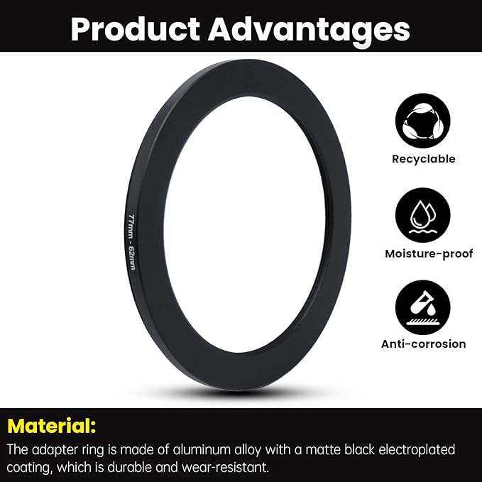 Metal Step Down Ring Filter Adapter - 77mm to 62mm - Metal Ring Step Down Rings Adapter Filter Compatible with All 62mm UV, CPL, ND, Lens Hood, Threaded Lens ect
