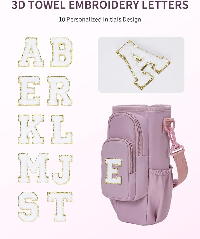 sportsnew Birthday Gifts for Women Personalized Initial Water Bottle Holder with Strap fits most 40oz Tumbler with Handle Water Bottle Carrier Bag with Phone Pocket & Straw Topper Tumbler Accessories