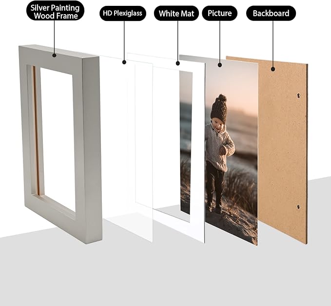 KINLINK 4x6 Frame Light Grey, Solid Wood 4 x 6 Picture Frame with Acrylic Plexiglass for 3.5x5 with Mat, Tabletop and Wall Display Photo Frames 4x6 Grey, 4 Pack