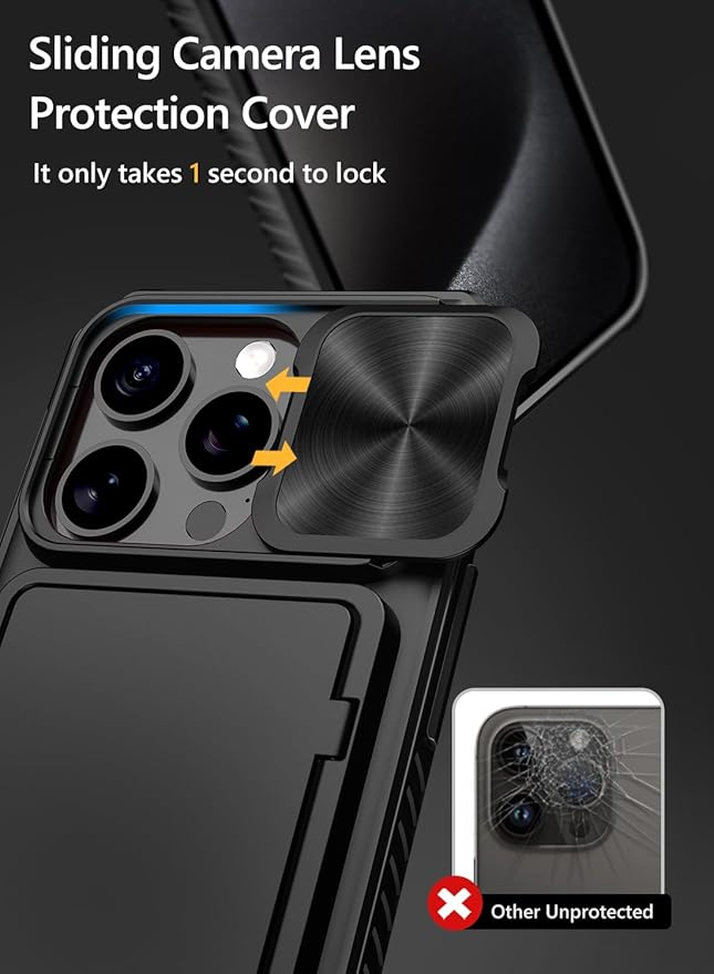 Vihibii for iPhone 15 Pro Max Case with Card Holder (4 Cards), Built-in 2X Privacy Screen Protector & Slide Camera Cover & Kickstand, Military Grade Drop Protection, Rugged Wallet Case, Black