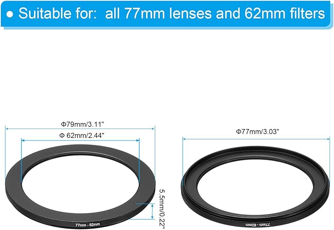 PATIKIL 77mm-62mm Metal Step Down Ring, Camera Lens Filter Adapter Ring Aluminum Filter Adapter Ring for Camera Lenses Hood, Black