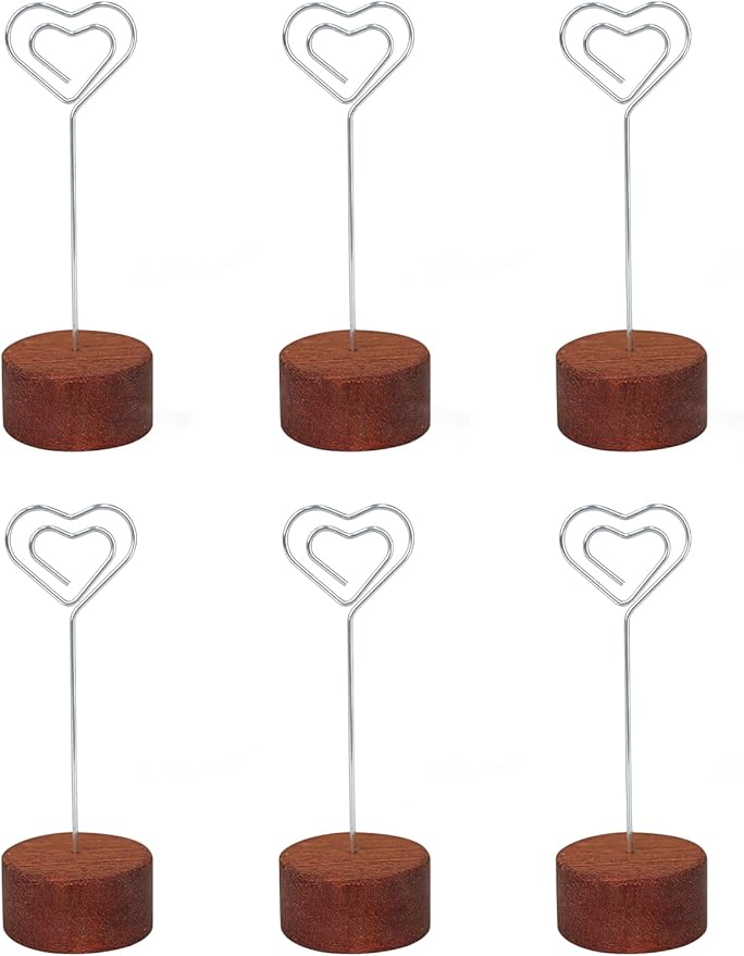 6Pack Wood Table Number Holders with Metal Clip, 4.3" Tall Place Card/Name Sign Holder, Memo Card Photo Picture Note Clip Stands for Party Restaurant (Silver Heart)