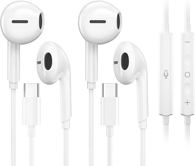 2 Packs USB C Headphones for iPhone 17/16/15 Pro Max iPad Plus Type C Earphones with Microphone Volume Control USB C Wired Earbuds USB Type C Earphone for Samsung S25 Ultra S24 S23 S22 S21 S20 A55
