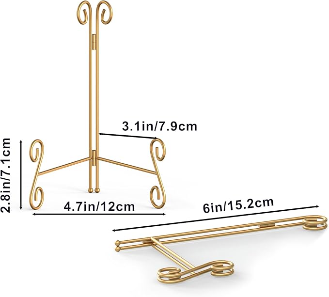 Gold Plate Stand, 6 Inch Decorative Holder for Displaying Platters, Heavy-Duty Metal Easel Stand for Picture, Photo Frame, Books and Round Objects