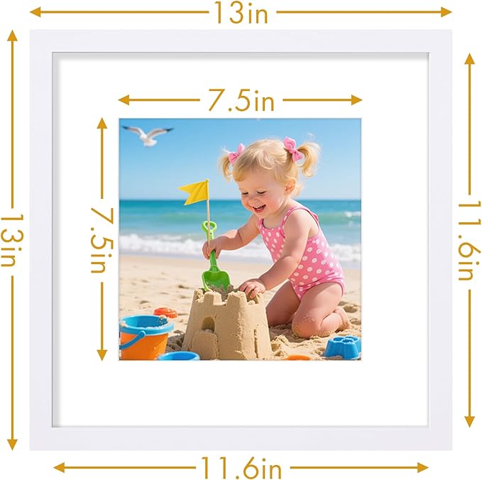 Vittanly 12x12 Picture Frame, Made of Solid Wood and Shatterproof Plexiglass, Display Pictures 8x8 with Mat or 12x12 without Mat, Wooden Photo Frame for Wall Mounting, White, 1 Pack