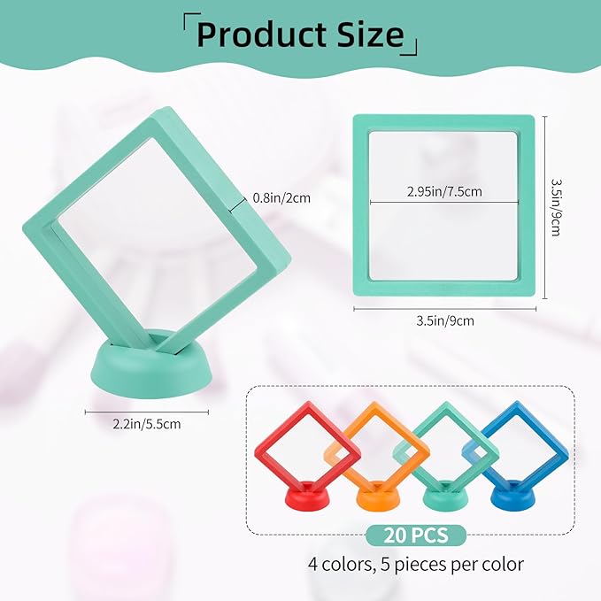 20 Pcs Floating Frame Case with Stands, 3.5X 3.5 x 0.8 inch, Challenge Coin Display,Transparent PE Jewelry Storage Box, Floating Display Holder Stands for Antique Challenge Coins colourA