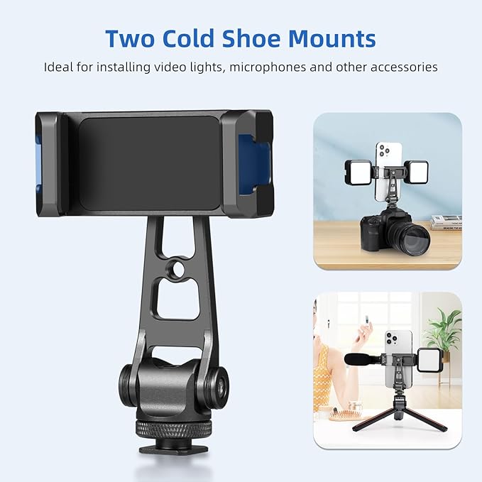 PULUZ Tripod Phone Mount, Universal Smartphone Mount Adapter Rotatable Bracket with 1/4 inch Screw, 360° Rotates and 180° Tilts Adjustable Cell Phone Clamp Holder for Mobile Photography