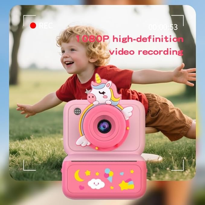 Kids Instant Print Camera, 2.4" HD Screen Instant Camera, Dual 3MP Kids Camera, 1080P Video, MP3 & Games, Includes Printing Paper & Lanyard, Gift for Boys & Girls (Pink-Black and White Printing)
