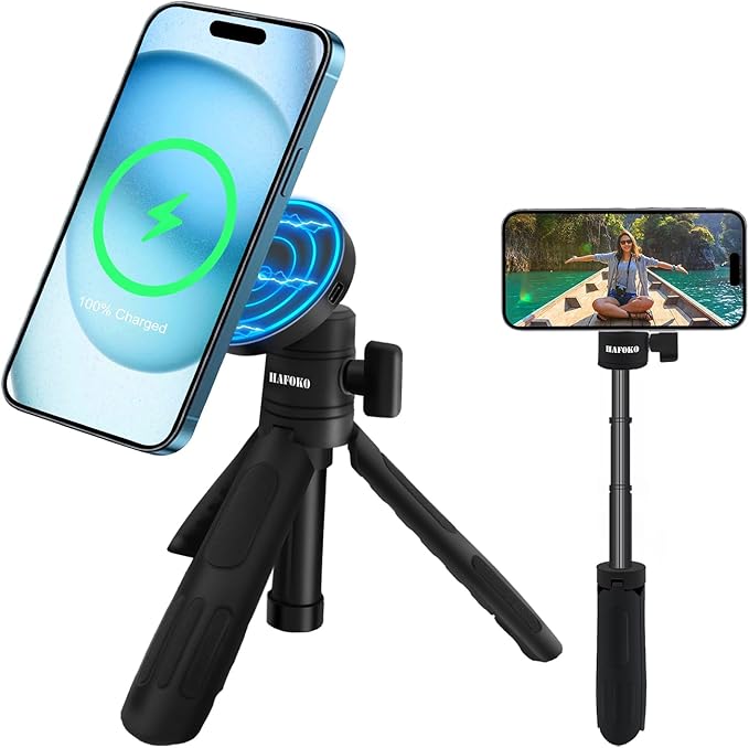 Magnetic Cell Phone Selfie Stick Tripod with 1/4" Magnetic Wireless Charging Mount Extendable Mini Desktop Smartphone Tripod compatibel for Magsafe iPhone 17/16/15/14/13/12 Pro Max