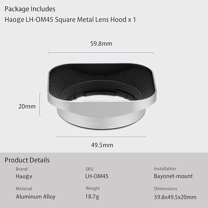 Haoge LH-OM45-W Metal Square Lens Hood for Olympus M.ZUIKO Digital 45mm F1.8 Lens Silver Bayonet Shade Hood