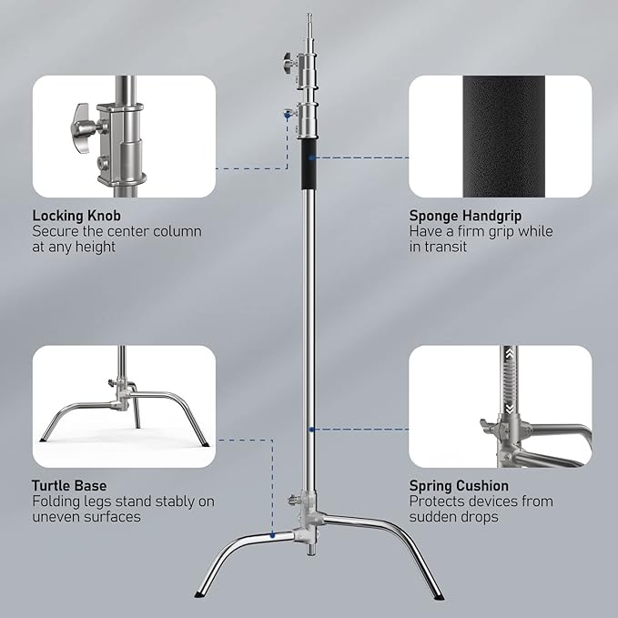2 Pack Photography C Stand with Boom Arm: 100% Stainless Steel - Max Height 10.5ft/131inch Heavy Duty Light Stand, with 4.2ft/50inch Holding Arm, Grip Head, Sandbag, Backdrop Clamp