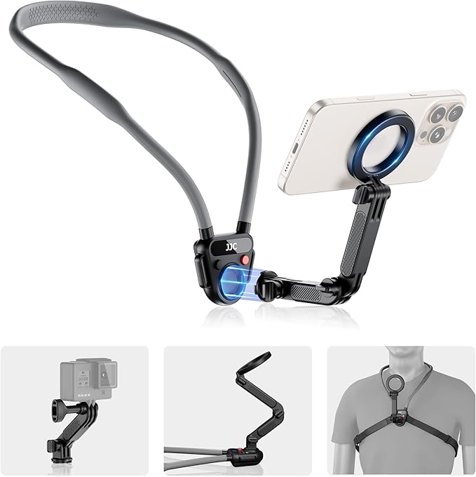 JJC Magnetic Neck Mount for Phone & Action Camera, POV Neck Holder for iPhone 17-12 Series Android Phones Gopro Insta360 with Quick Release & Angles Adjustment for Content Creating Video Filming