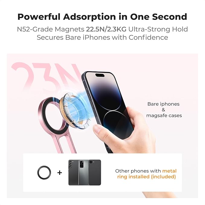 K&F CONCEPT Magnetic Phone Tripod Stande, 23N Strong Magnetic Mini Tripod Aluminium Alloy Pocket Selfie Stick, Mag Safe Phone Holder Compatible with iPhone 17 16 15 14 13 12 Series(Pink)