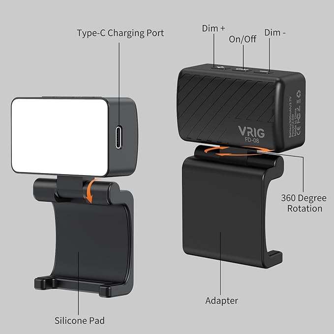 VRIG LED Light for DJl OSMO Pocket 3 Accessories, 360° Adjustable Mini Selfie Vlog Video Auxiliary Fill Lighting,500mAh, 5800K, CRI ≥95, IPX4 Water Resistance,Brightness 3 Levels Adjustable