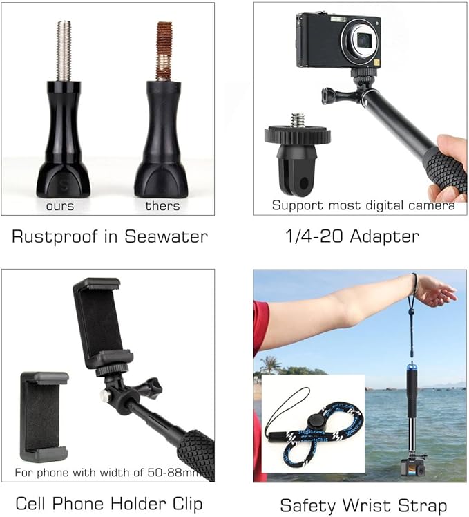 GEPULY 46''Alumium Waterproof Selfie Stick with 1/4 Thread Hole Underwater Pole Handle Grip Monopod for GoPro Hero 13 12 11 Max Insta360 AKASO DJI OSMO Action Cameras Accessories