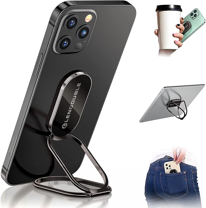 Phone Ring Holder Finger Kickstand, 360 Rotation Foldable Ultra-Thin Metal Cell Phone Back Hand Grip for Magnetic Car Mount & Office Desktop, Adjustable Cellphone Stand for iPhone 16 iPad Smartphones