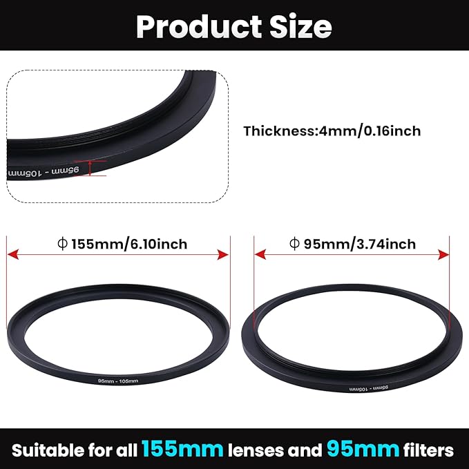 Metal Step Up Ring Filter Adapter - 95mm to 105mm - Metal Ring Step Up Rings Adapter Filter Compatible with All 105mm UV, CPL, ND, Lens Hood, Threaded Lens ect