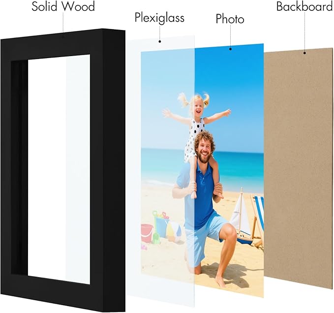 Vittanly 5x7 Picture Frame, Made of Solid Wood and Shatterproof Plexiglass, Wooden Photo Frame for Wall Mounting or Tabletop Display, Picture Frame for Home Decor with Stand, Black, 1 Pack