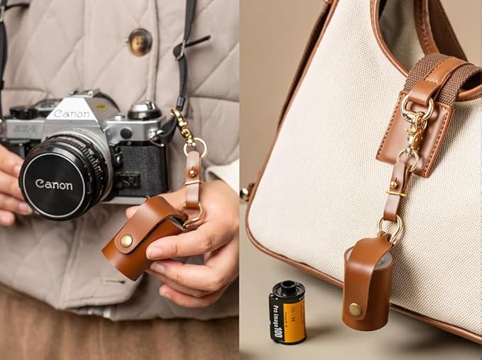 Leather 35mm Film Case Keychain, 35mm Film Holder Film Canisters with Caps for Film Photography & Gifts, H 1.96inch / 5cm (Brown)