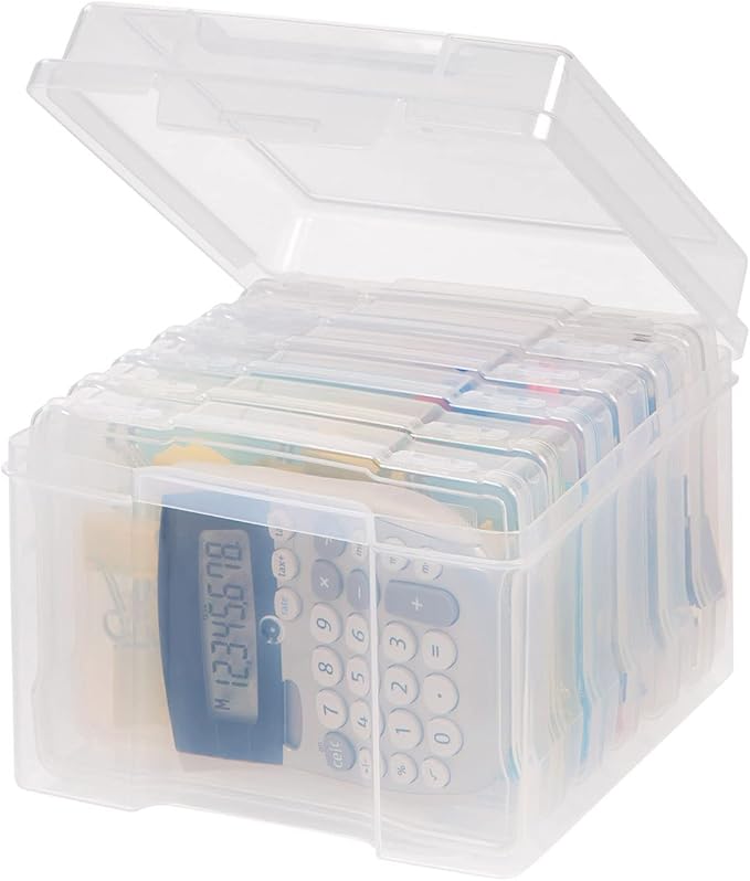 IRIS USA 5" x 7" Photo Storage Box Craft Keeper, Transparent Protection Container with 6 Organization Holder Cases for Pictures, Tasks, Scrapbooking, Ephemera, Stationery Storage, Clear