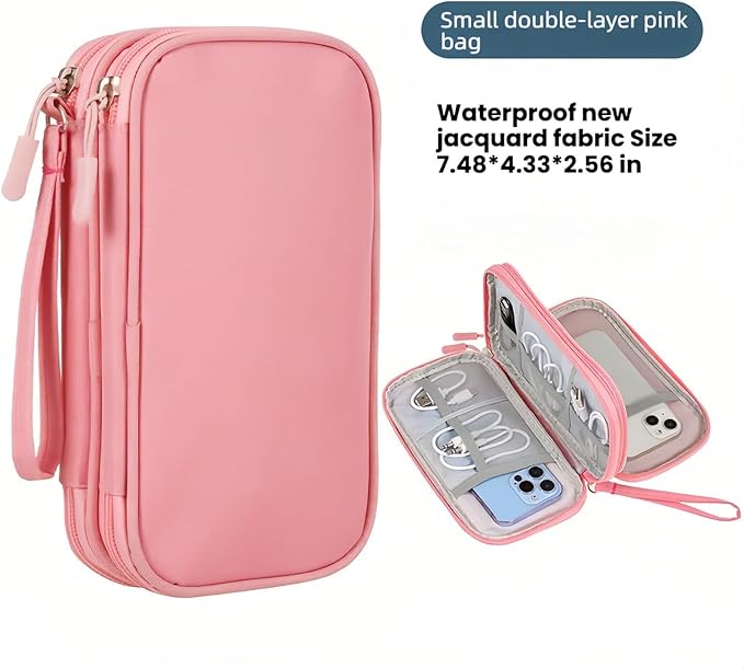 Portable Waterproof Double Layers All-in-One Storage Bag, Travel Cord Organizer，Electronics Accessories Organizer Pouch Bag for Accessories,Charger, USB Cable, Gadget (pink)