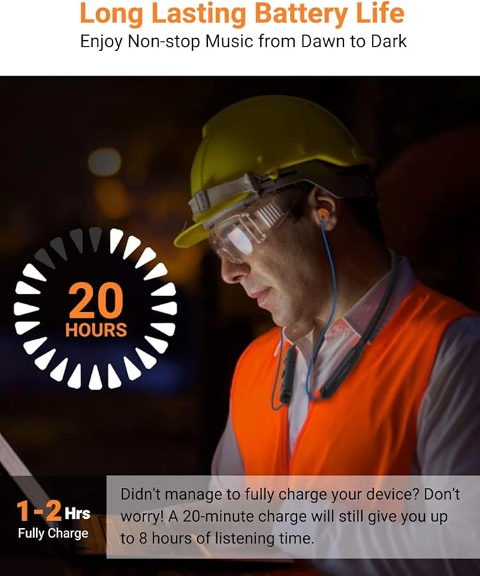HomeSpot Noise Reduction Wireless Neckband Headphones with Qualcomm aptX HD, 27dB NRR, CVC Noise Cancelling Mic & Controls, 20H Playtime for Work Safety OSHA Compliant - Gray Wire Yellow Earbuds