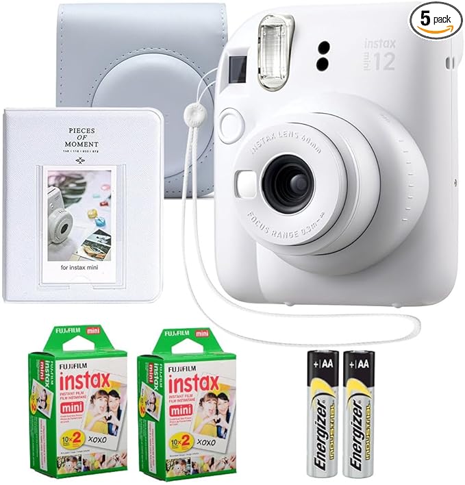 Fujifilm Instax Mini 12 Instant Camera Clay White Bundle – Includes 40-Sheets Instax Mini Film, Protective Case, and Mini Photo Album