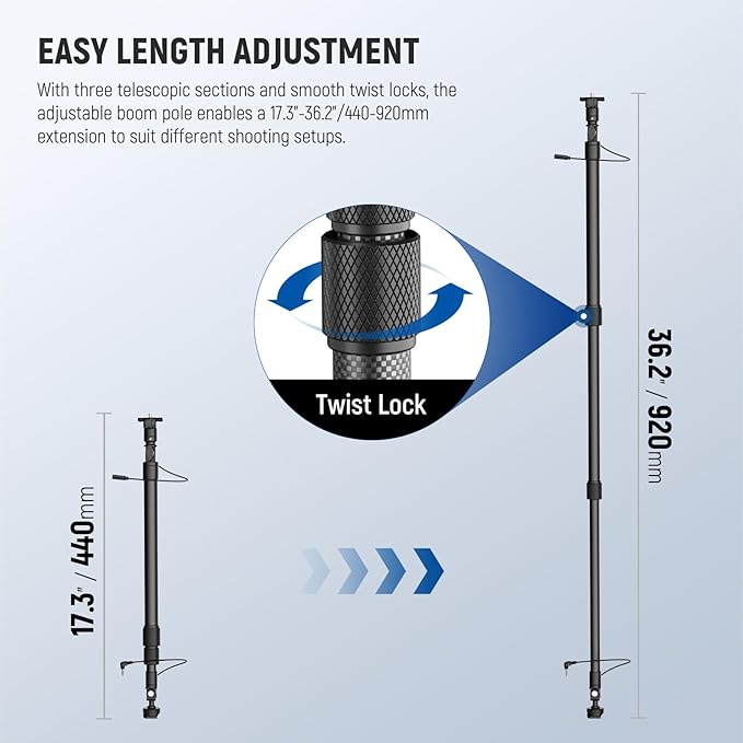 NEEWER Carbon Fiber Microphone Boom Pole, 44-92cm Extendable, Built In 3.5mm TRS Male to Female Cable, NATO Nail, Cold Shoe Mount, 180° Tilt, 500g Max Load Mic Arm for Interviews, Filmmaking, BP01
