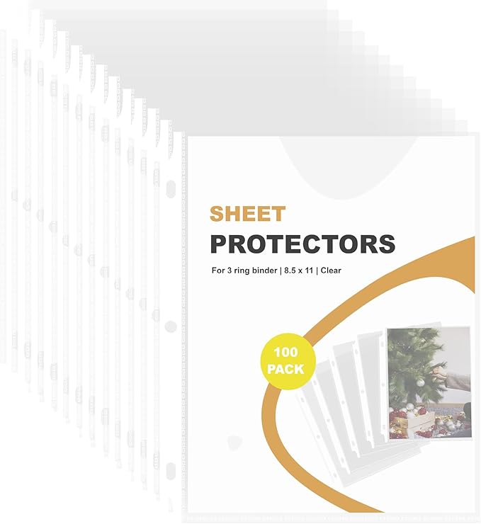 Seashell 100 Pack Clear Sheet Protectors 8.5 x 11 Inch, Page Protector for 3 Ring Binder, Top Loading Plastic Sleeves with Reinforced 3 Holes, Letter Size for School and Office Use