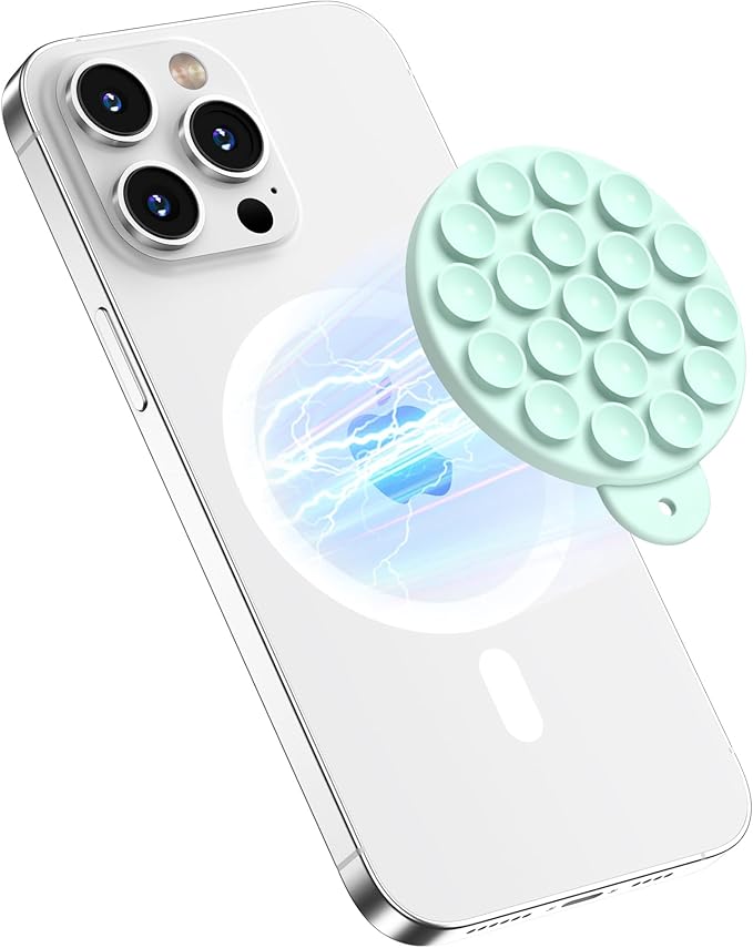 Magnetic Suction Cup Phone Mount, Compatible with MagSafe, Silicone Octo Cup Buddy Sticky Grip Holder for iPhone and Android, Removable Hands-Free Selfie/Video for TikTok, Mint Green