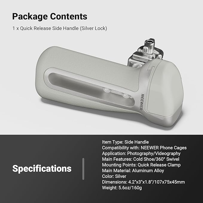 NEEWER Quick Release Side Handle with Anti Off Cold Shoe, 360° Rotation, Nonslip Grip, Compatible with iPhone 17 Pro Max 16 S25 Ultra Phone Cage Accessories, PA148 (Silver)