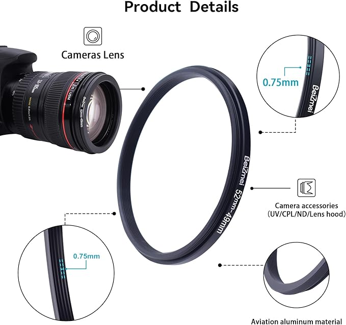 52mm to 49mm Camera Filters Ring,Step-Down Filters Ring Compatiable All Brands Ø52mm Lens to Ø49mm Camera Accessory.Made of CNC.