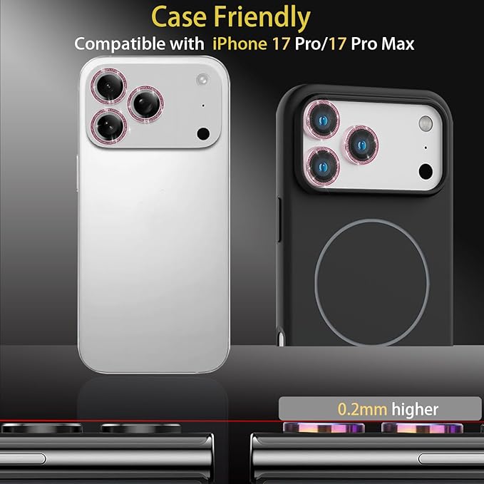 Camera Lens Protector for iPhone 17 Pro/17 Pro Max, Aluminum Alloy Tempered Glass Lens Protector with Installation Frame Fits for iPhone 17 Pro/17 Pro Max (Glitter Pink)