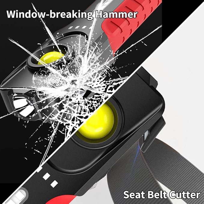 BY-J Car Flashlights for Emergencies, Window Breaker Seatbelt Cutter Multifunction LED Work Light, 4 Modes Bright COB Rechargeable Inspection Light for Car Repair, Household, Camping