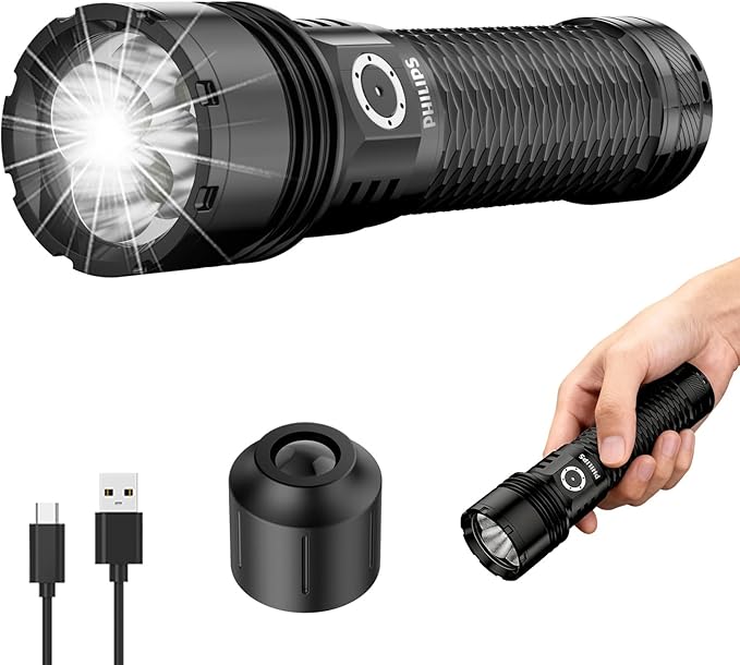 Philips Rechargeable Flashlights High Lumens with Ignition Lens,13000lm Professional Smart Super Bright Flashlight with Stepless Dimming&Smart Memory,Waterproof,Powerful Handheld LED Flash Light