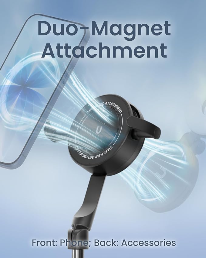 KraftGeek 67" Dual-Sided Magnetic Phone Tripod for iPhone MagSafe,Auto-Open Selfie Stick Tripod with Remote, Hidden Clamp, Portable Cell Phone Tripod Stand for Travel & Content Creation(Black)