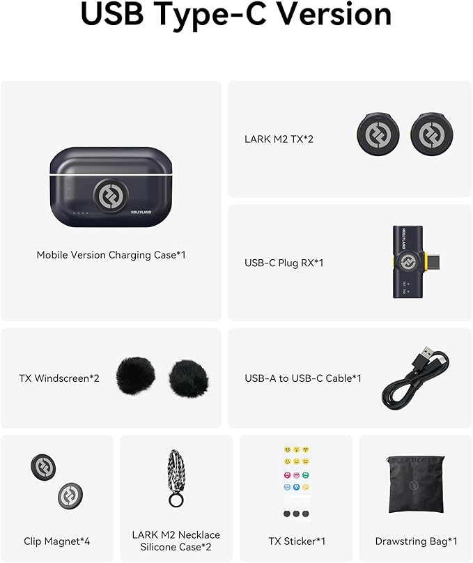 Hollyland Lark M2 Wireless Microphone for iPhone15/16/17&Android, USB C Mini Lapel Microphone Wireless, 1000ft Range, Hi-Fi Audio, Noise Cancellation, 30H Battery for Video Recording, Streaming
