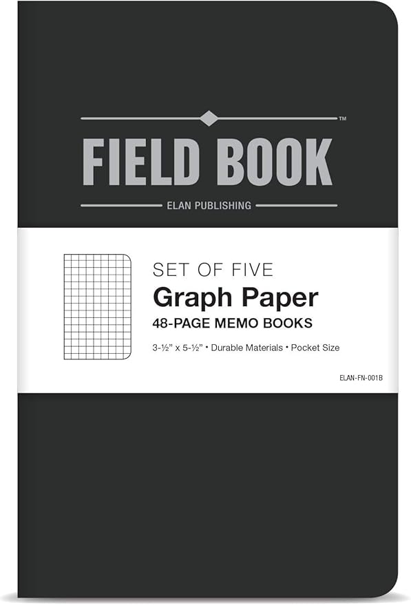 Elan Publishing Company Field Notebook/Pocket Journal - 3.5"x5.5" - Black - Graph Memo Book - Pack of 5