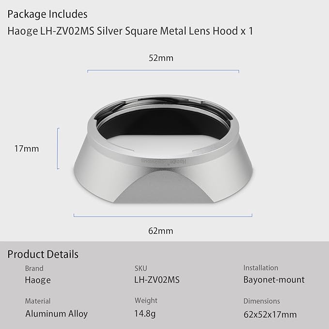 Haoge Square Metal Lens Hood for Voigtlander NOKTON 35mm f1.4, 40mm f1.4, 50mm f1.5 Aspherical II 28mm F1.5 VM Lens,Carl Zeiss Biogon T* 35mm f2 35mm f2.8 ZM, Planar T* 2/50 50mm f2 ZM